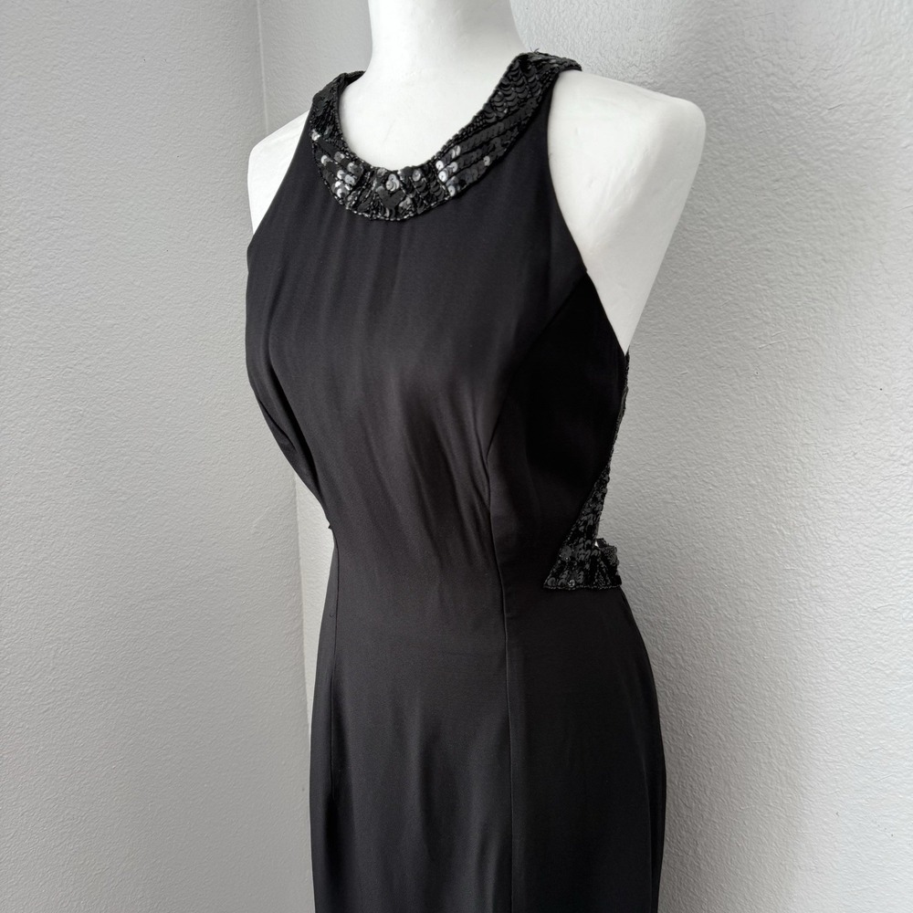 Vintage 90s Dave & Johnny Black Sequins Backless Evening Gown Dress Sz 9-10 Goth